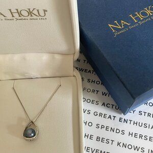Na Hoku diamond and fresh water Blue Akoya pearl 14K white gold necklace - Rare